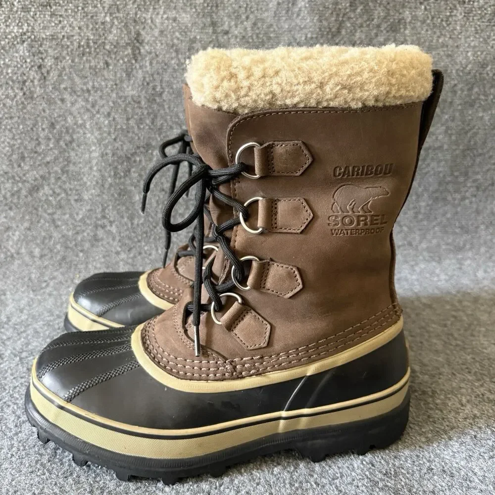 Sorel Caribou Men's Winter Snow Boots Brown Leather Lace Up Mid-Calf 7 US